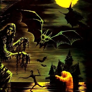 an image of bats flying over water at night Old School Halloween Horror Artwork, Surreale Kunst, Halloween Artwork, Retro Horror, Halloween Images, black