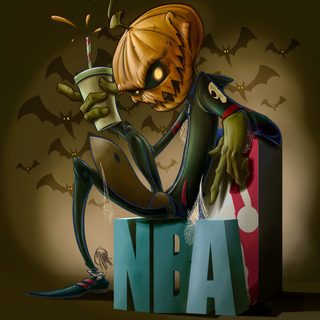 a cartoon character sitting on top of a box with a cup in his hand and bats flying around Halloween Nba Joker Nba, Lebron Pumpkin, Nba Team Pumpkin Design, Nba Christmas, black