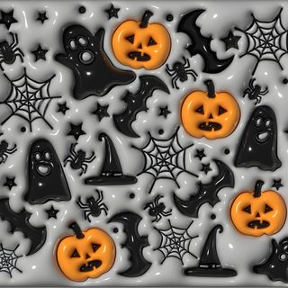 halloween pumpkins and bats in black and orange on a gray background with white stars Halloween Puffy Halloween Puffy, 3d Iphone Halloween, 3d Halloween Mug Wrap, 3d Puffy Halloween, gray