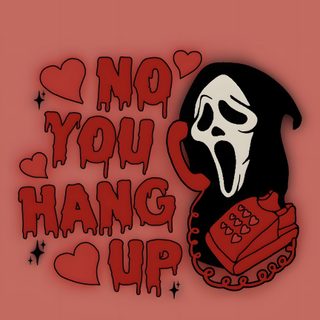 an image of a sticker that says, no you hangin't up Cute Scream Halloween Cute Halloween Ghostface, indian red