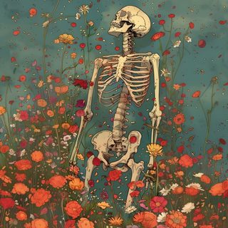 a painting of a skeleton in a field of flowers Cute Halloween Skeleton Aesthetic Halloween Flower, Bones And Flowers, Skeleton Screensaver, dim gray