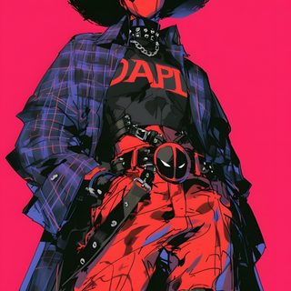 a drawing of a person wearing red pants and a black hat Deadpool Halloween Comic Book Character Fashion Inspiration, Cowboy Themed Deadpool Outfit, Deadpool In Cowboy Costume, brown