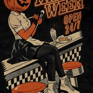 a woman sitting at a table with an orange pumpkin on her head Old School Halloween Retro Halloween Images, Halloween Picture Printables, 2000 Halloween Aesthetic, black