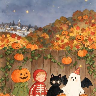 children dressed up in halloween costumes walking through pumpkin patch with jack - o'- lanterns Whimsy Halloween Gooseberry Patch, Fall Festival, Fall Season, Journal Printables, Festival, Halloween, gray