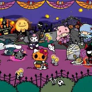 an animated halloween scene with pumpkins and cats Hello Kitty And Friends Halloween Gif Hello Kitty Halloween Laptop, Hello Kitty Halloween Desktop, Halloween Hello Kitty Computer, dim gray