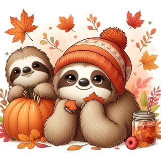 two sloths are sitting next to each other with autumn leaves and pumpkins in the background Halloween Sloth Sloth Pumpkin Painting, Fall Themed Sloth Graphics, Thanksgiving Sloth, burlywood