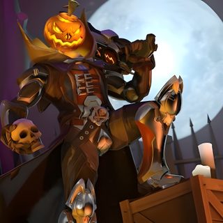 an animated halloween scene with a pumpkin on the top of a scarecrow and a full moon in the background Overwatch Halloween Overwatch Pumpkin Carving, Overwatch Pumpkin, Christmas Reaper Overwatch, dark slate gray