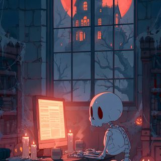 a cartoon character sitting at a desk in front of a computer with candles on it Halloween For Home Office Halloween, Desktop, The Outsiders, dark slate gray