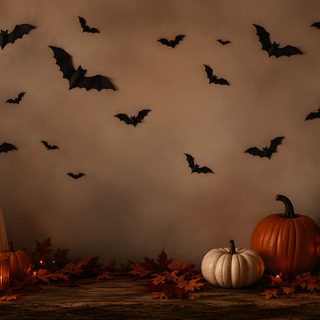 halloween decorations with bats and pumpkins in front of a wall that has candles on it Halloween Banner With Forest saddle brown