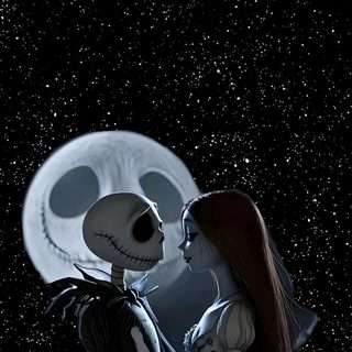 a couple in skeleton costumes standing next to each other under a full moon sky with stars Halloween Jack And Sally Jack Skellington And Sally, Jack And Sally Cover Photo, Jack Skellington And His Gf, black