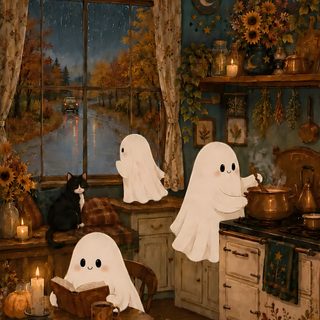 two ghost - like figures in a kitchen with candles and pumpkins on the table Halloween Kitchen dark slate gray