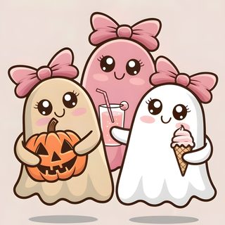 three cartoon characters are standing next to each other with halloween decorations on their heads and arms Best Friend Halloween Cute Ghosts, Cute Girly Halloween, Ghost Besties Drawing, Three Ghost Friends, gainsboro