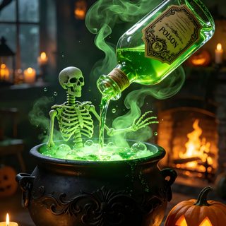 a skeleton in a witches caulder with green liquid pouring out of the bottle Halloween Spooky Cauldron Snakes Potions black