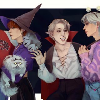 three people dressed up as witches and one is holding a cat Stray Kids Halloween Laptop Huntrix Huntrix Kpop Demon Hunters Fanart, Huntrix Huntrix Kpop Demon Hunters Drawing, Kpop Demon Hunters Huntrix Fanart, dim gray