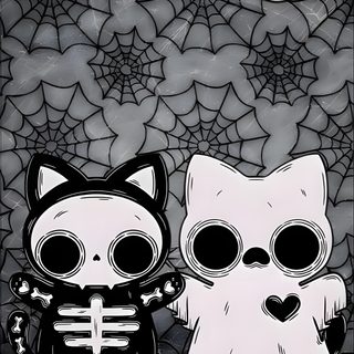 two cute little cats sitting next to each other on a black and white background with skulls Matching Halloween For Best Friends Cute Scary, Scary Cute, Goth Halloween, Spooky Goth, dark slate gray