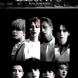 the poster for btt's upcoming album, deja vu is shown in black and Ateez Halloween Ateez Hala Hala, Kpop Demon Hunters Boy Group, K Pop Halloween, Kpop Demon Hunters, black