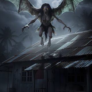 a demonic looking creature on top of a roof in front of a full moon sky Halloween Flying Monster dark slate gray