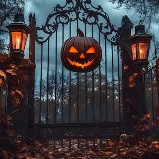 an iron gate with pumpkins on it and the moon in the sky behind it Halloween Town Gate Scary Fall Background, Scary Fall, Spooky Halloween Pictures, dark slate gray