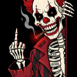 A skeletal clown with red hair and a striped jacket smoking a cigar while looking out from behind a red wall with text on its ribs. Clown Halloween Angel Wings Iphone, Mkbhd, Clown Tattoo, Happy New Year Photo, New Year Photos, Skull, black