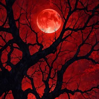 the full moon is setting behind a tree with red leaves and branches in front of it Red Moon Halloween Red, Black, Moon Wall Art, Night Art, Anime, Red And Black, maroon