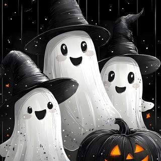 three white ghost with black hats and pumpkins Halloween 3 Spooky Cat Image, Ghost Halloween, Phone Halloween, Halloween Ghost Iphone, Halloween Pics, black