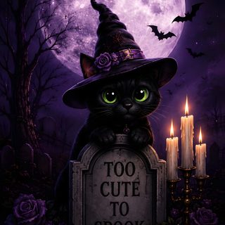 a black cat wearing a witches hat sitting in front of a tombstone with candles on it Purple And Black Halloween Digital, Phone, Bring It On, The Originals,