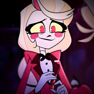 an animated cartoon character with red eyes and blonde hair, wearing a pink jacket and bow tie Happy Halloween Charlie Charlies Parents Hazbin Hotel, Happy Pride Month Hazbin Hotel, Hazbin Hotel Episode 6, black