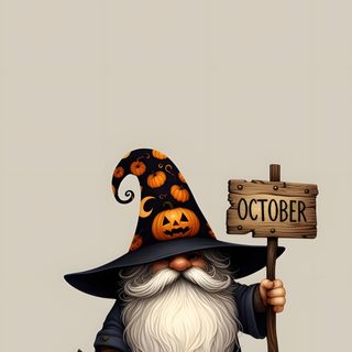 an illustration of a wizard holding a sign and pumpkins in front of his face Halloween Gnome Design Halloween Gnome Ideas, Halloween Gnomes, Halloween Gnome Iphone, silver