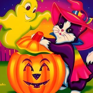 a painting of a cat in a witch costume with a pumpkin Lisa Frank Halloween Lisa Frank Photos, Lisa Frank 80s Or 90s, Lisa Frank Black Cat, chocolate