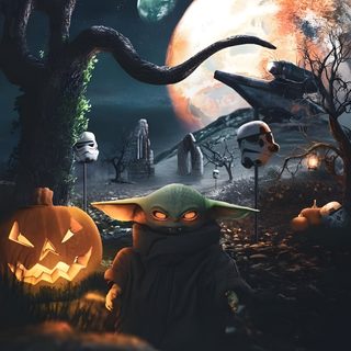 an image of a halloween scene with pumpkins and star wars characters in the background Star Wars Halloween Yoda Scenes, Mandalorian Halloween, Star Wars Thanksgiving, dark slate gray
