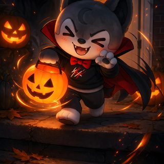 a cartoon cat dressed as a vampire with pumpkins in front of it and two jack - o'- lanterns on the steps Stray Kids Halloween black