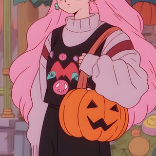 a girl with pink hair holding a pumpkin Sailor Moon Halloween gray