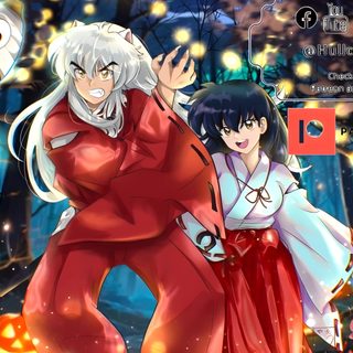 two anime characters standing next to each other in front of some pumpkins and trees Inuyasha Halloween Inuyasha, Halloween, sienna