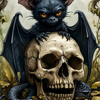 a painting of a skull with a bat on it's head and a snake wrapped around the skull Halloween Skull And Bat Bat Skull Drawing, Bat Skull Art, Bat Skull, Skull And Bat, dark olive green