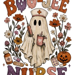 a drawing of a boo - je nurse with flowers and pumpkins Halloween Nurse silver