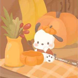 a cute little cat sitting on top of a table next to a vase filled with flowers Pochacco Halloween Fall Pochacco, Thanksgiving Sanrio, Pochacco Fall, Pochacco Pumpkin Carving, sandy brown