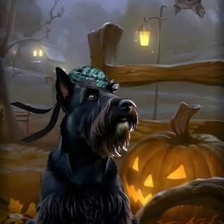 a black dog sitting on top of a pile of leaves in front of a halloween scene Halloween Scottish Terrier Weird Tattoos, Dreams And Nightmares, Scottish Terrier, dark olive green