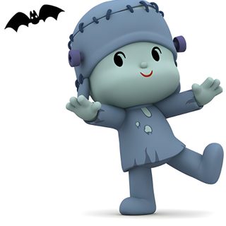 a cartoon character is running with a bat in the air Pocoyo Halloween Pocoyo Halloween Costume, Pocoyo Black, Pocoyo Green Alien, Pocoyo And Nina Gif, white