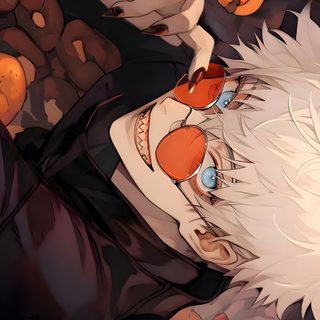 an anime character with white hair surrounded by pumpkins Jjk Halloween saddle brown