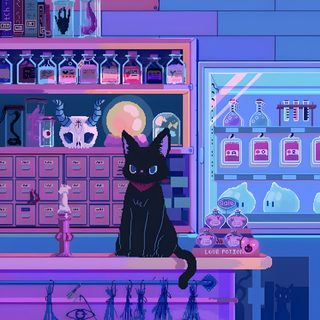 a black cat sitting on top of a counter next to a shelf filled with items Vaporwave Halloween Dark Lofi, Galaxy Flip 7, Flip 6, Flip Gif, Vaporwave Gif, Z Flip 7 Gif, slate blue