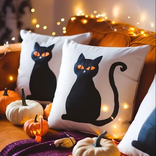 three pillows with black cats on them and pumpkins around the edges, sitting on a couch Halloween Black Cat Pillow Monster Bookmark, Porch Steps, Battery Operated Lights, White Balloons, sienna