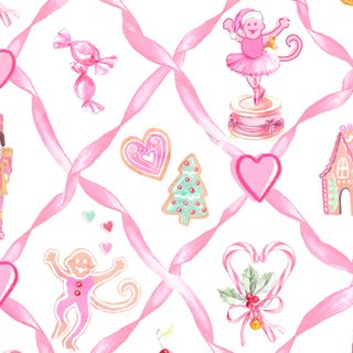 a pink background with lots of different items on it and ribbons in the shape of hearts Roller Rabbit Halloween Pink Christmas Mac, Cute Christmas Laptop Bows, Christmas Macbook Pink, white