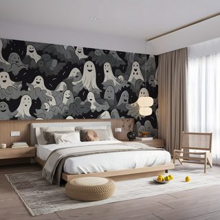 a bed room with a neatly made bed next to a large painting on the wall Halloween Ghost For Bedroom Halloween Room, Halloween For Bedroom, Spooky For Home, rosy brown