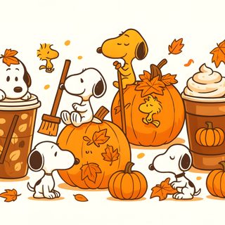 a group of cartoon characters sitting around pumpkins and cups with drinks in them on a white background Snoopy Halloween Desktop Peanuts Gang, Kawaii Stickers, Fall Scrapbook, Snoopy Images, floral white