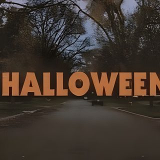 the word halloween spelled out in front of a road surrounded by trees and leaves on an overcast day Halloween Medium Widget Season Of The Witch, Laptop, Retro Horror, The Boogeyman, dark slate gray
