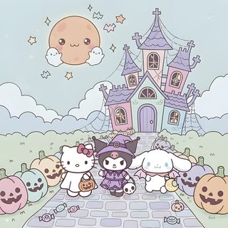 two hello kitty dolls are standing in front of a castle with pumpkins on the ground Sanrio Halloween Pastel Hello Kitty Items, Hello Kitty Iphone, Pink Vibes, Samhain, gainsboro