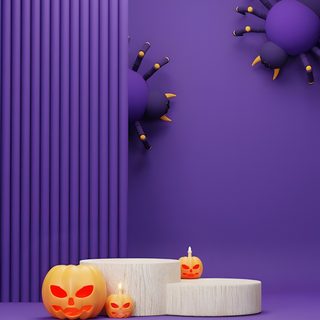 two carved pumpkins sitting next to each other in front of purple walls and decorations Halloween Podium Halloween Decorations With Pumpkins And Spider, Halloween Party Decoration Ideas, Modern Halloween Home Decor, dark slate blue