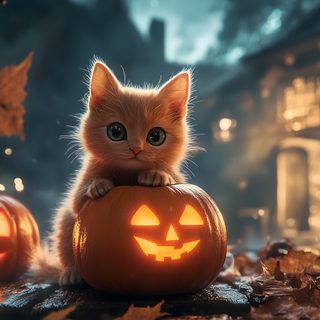 a kitten sitting on top of two pumpkins with faces carved into it's heads Halloween Kitten Hd Halloween Cats Laptop, Halloween Desktop 4k, Generic Halloween Cat Desktop, dark slate gray