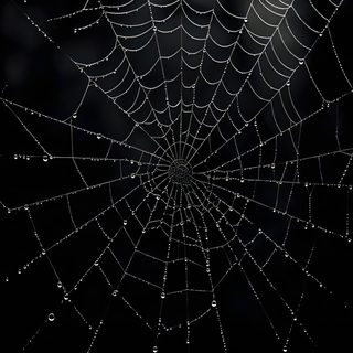 a spider web with water drops on it's surface in the dark night sky Spider Web Halloween Spider Hanging From Web Silhouette, Spider Web Black, Black Spider Web,