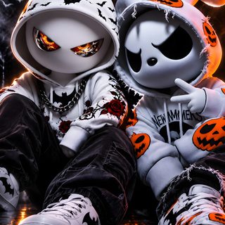 two stuffed animals dressed in halloween costumes sitting next to each other on the floor with orange and black lights behind them Halloween Iphone For Boys dark slate gray